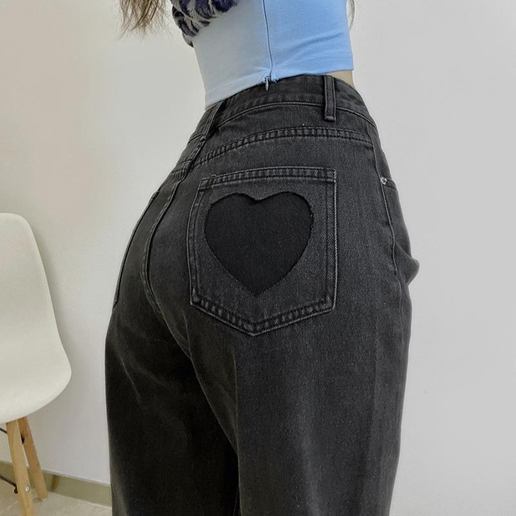 Y2K AESTHETIC HEART POCKET LOOSE BLACK PANTS Y2K AESTHETIC HEART POCKET LOOSE BLACK PANTS