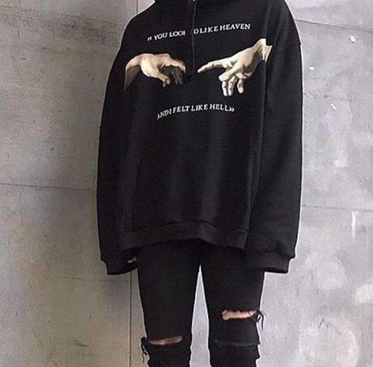 you looked like heaven and i felt like hell hoodie in black with the image of the creation of adam you looked like heaven and i felt like hell hoodie in black with the image of the creation of adam