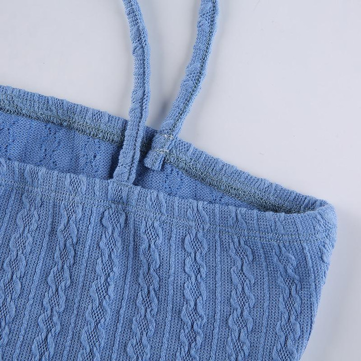 SOFT GIRL SPAGHETTI STRAP KNITTED BLUE MINI DRESS