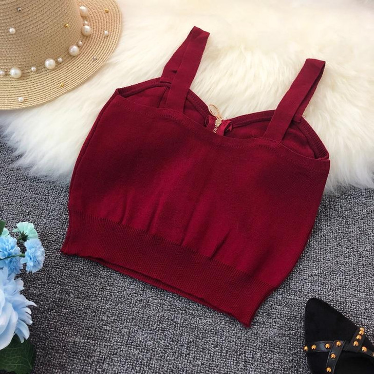 SOFT GIRL ZIPPER KNITTED SEXY CROP TOP-Cosmique Studio