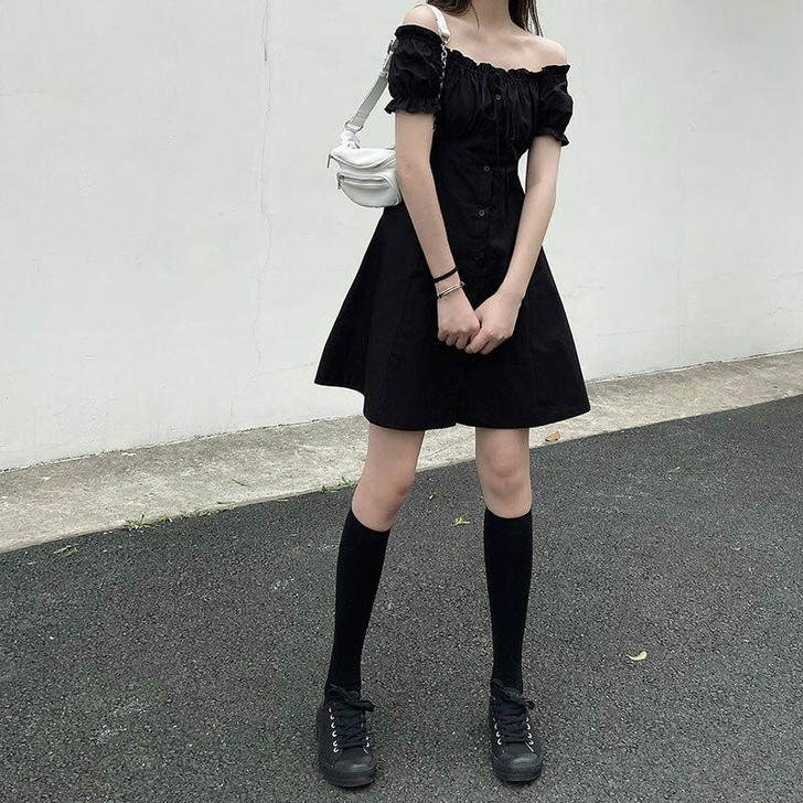 EDGY AESTHETIC PUFF SLEEVE OFF SHOULDER BLACK MINI DRESS-Cosmique Studio EDGY AESTHETIC PUFF SLEEVE OFF SHOULDER BLACK MINI DRESS-Cosmique Studio