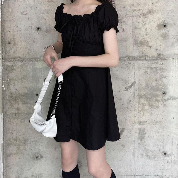 EDGY AESTHETIC PUFF SLEEVE OFF SHOULDER BLACK MINI DRESS-Cosmique Studio EDGY AESTHETIC PUFF SLEEVE OFF SHOULDER BLACK MINI DRESS-Cosmique Studio