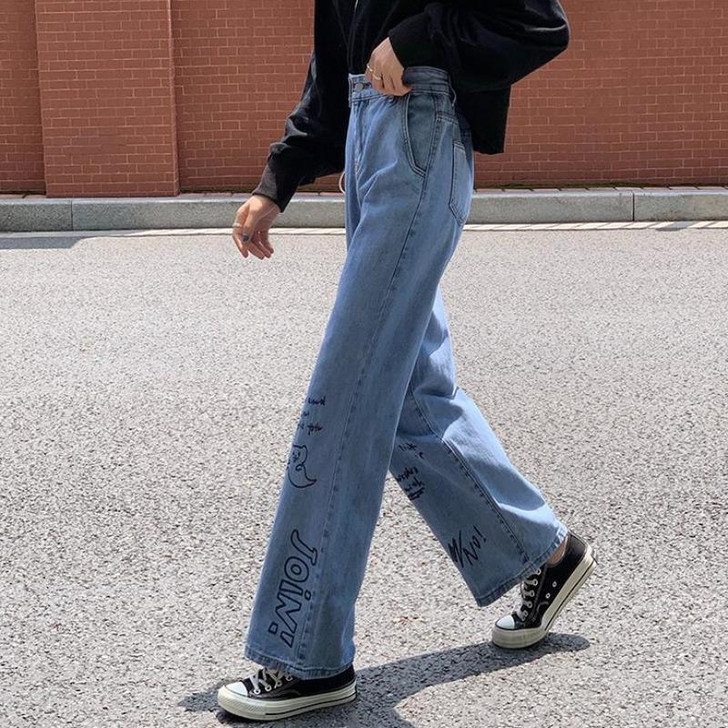 ART HOE HALLOWEEN DESIGN JEAN HIGH WAIST BLUE PANTS-Cosmique Studio ART HOE HALLOWEEN DESIGN JEAN HIGH WAIST BLUE PANTS-Cosmique Studio