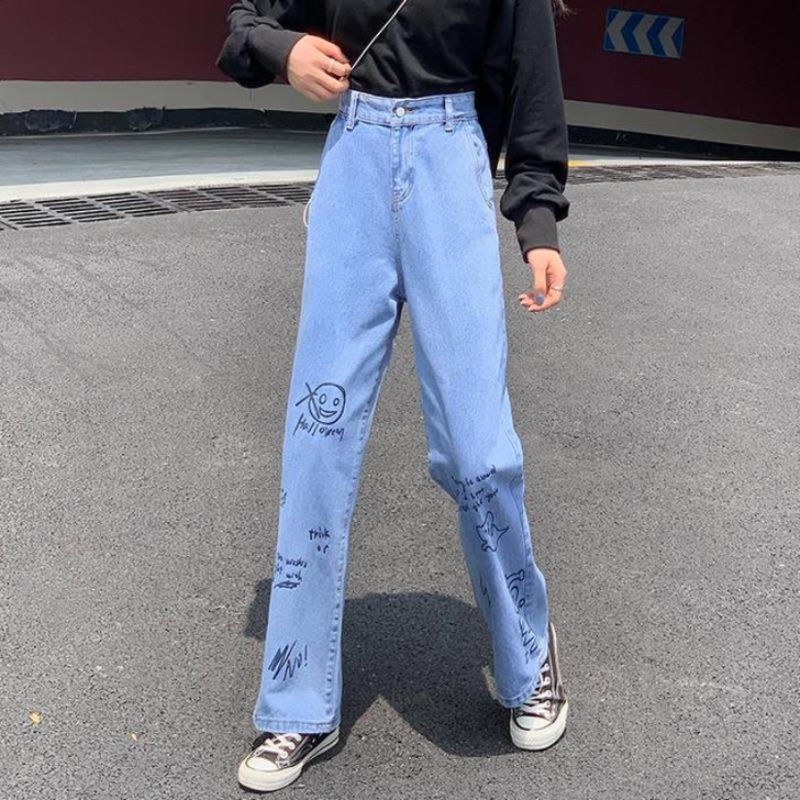 ART HOE HALLOWEEN DESIGN JEAN HIGH WAIST BLUE PANTS-Cosmique Studio ART HOE HALLOWEEN DESIGN JEAN HIGH WAIST BLUE PANTS-Cosmique Studio