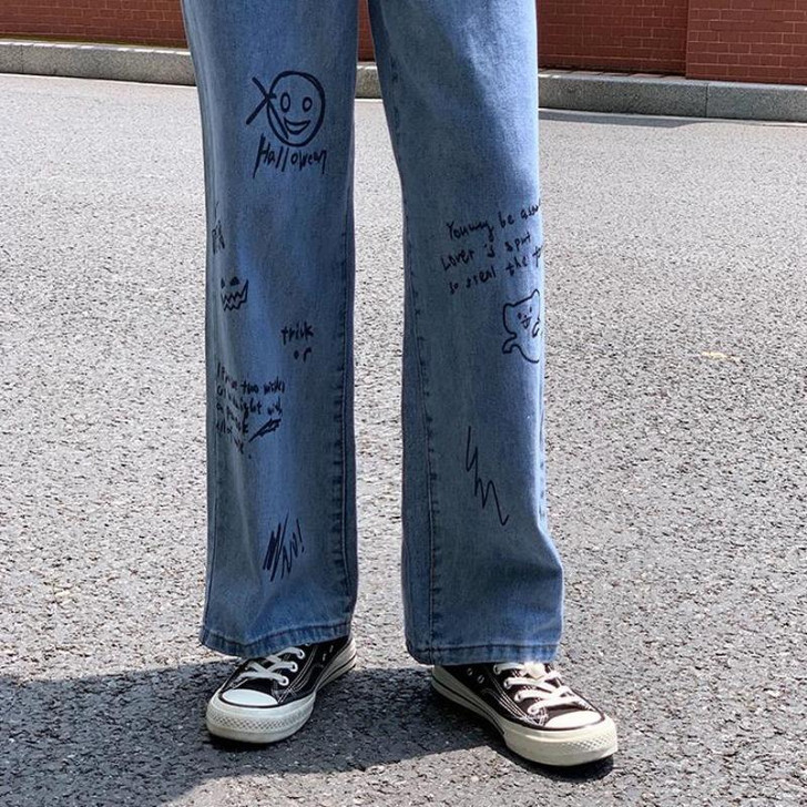 ART HOE HALLOWEEN DESIGN JEAN HIGH WAIST BLUE PANTS-Cosmique Studio ART HOE HALLOWEEN DESIGN JEAN HIGH WAIST BLUE PANTS-Cosmique Studio