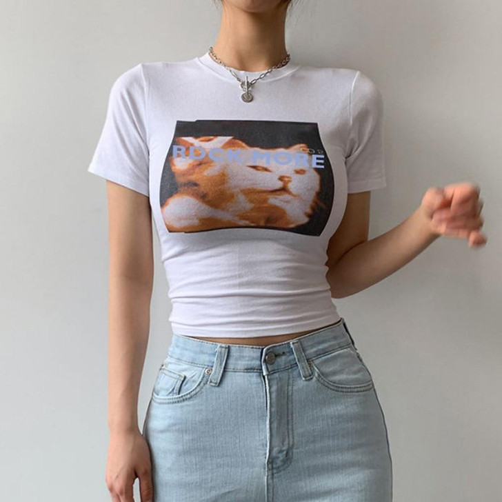 INDIE AESTHETIC CAT PRINTED WHITE TEE-Cosmique Studio