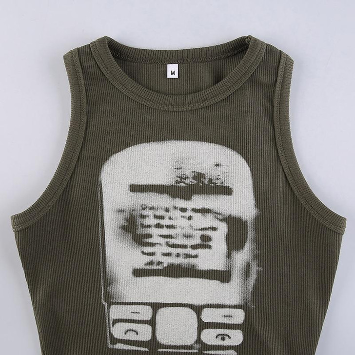 Y2K SLEEVELESS RETRO PHONE PATTERN CROP TOP-Cosmique Studio Y2K SLEEVELESS RETRO PHONE PATTERN CROP TOP-Cosmique Studio