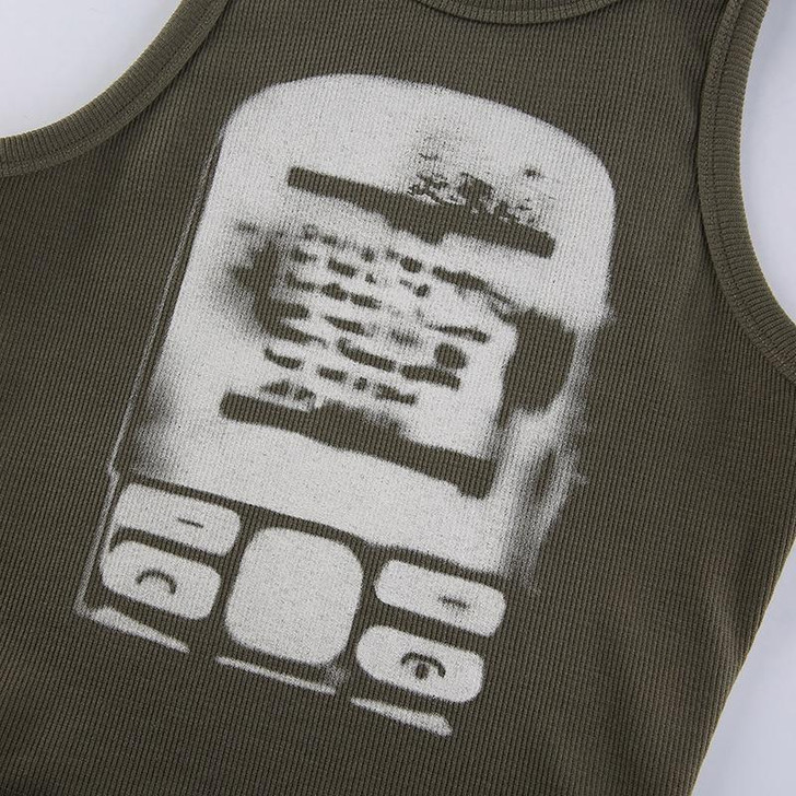 Y2K SLEEVELESS RETRO PHONE PATTERN CROP TOP-Cosmique Studio Y2K SLEEVELESS RETRO PHONE PATTERN CROP TOP-Cosmique Studio