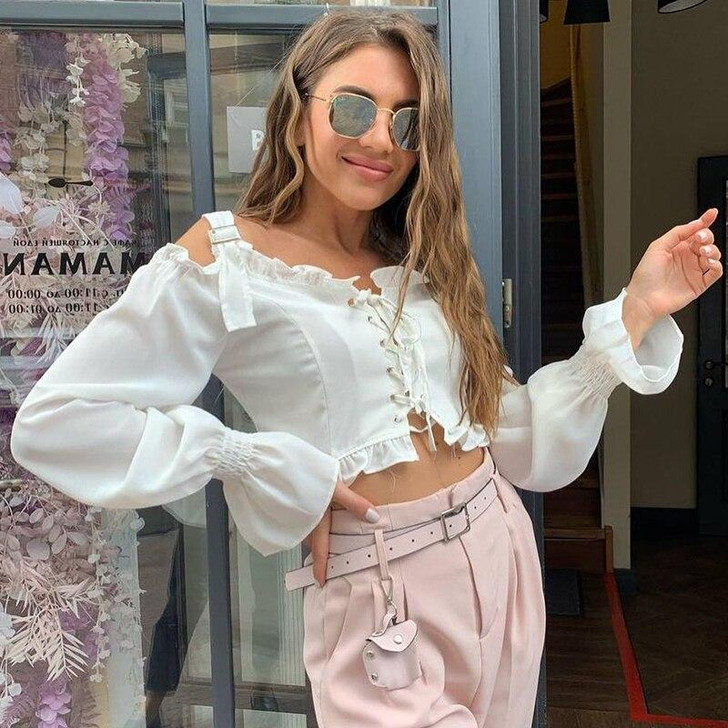 VSCO RUFFLE LONG FLARE SLEEVE WHITE BLOUSE-Cosmique Studio