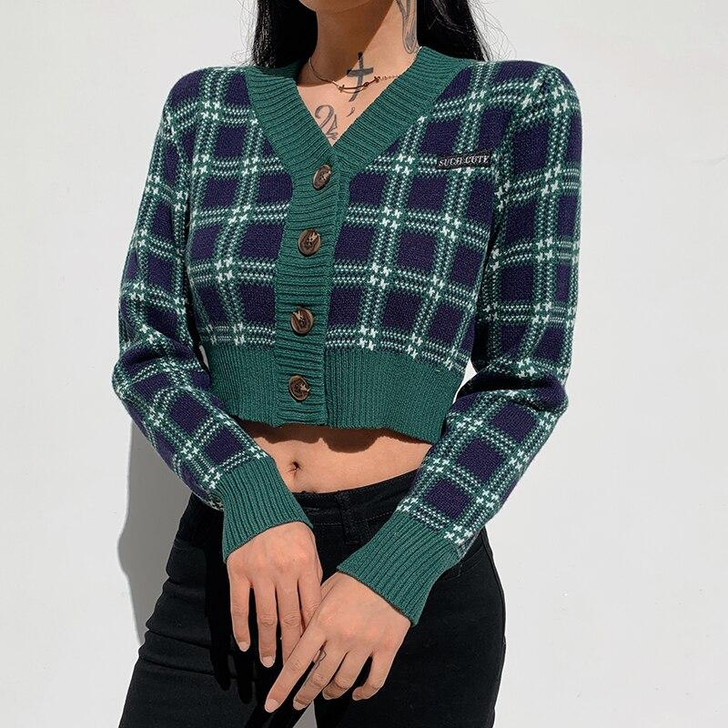 Indie Plaid Long Sleeve Green Crop Top
