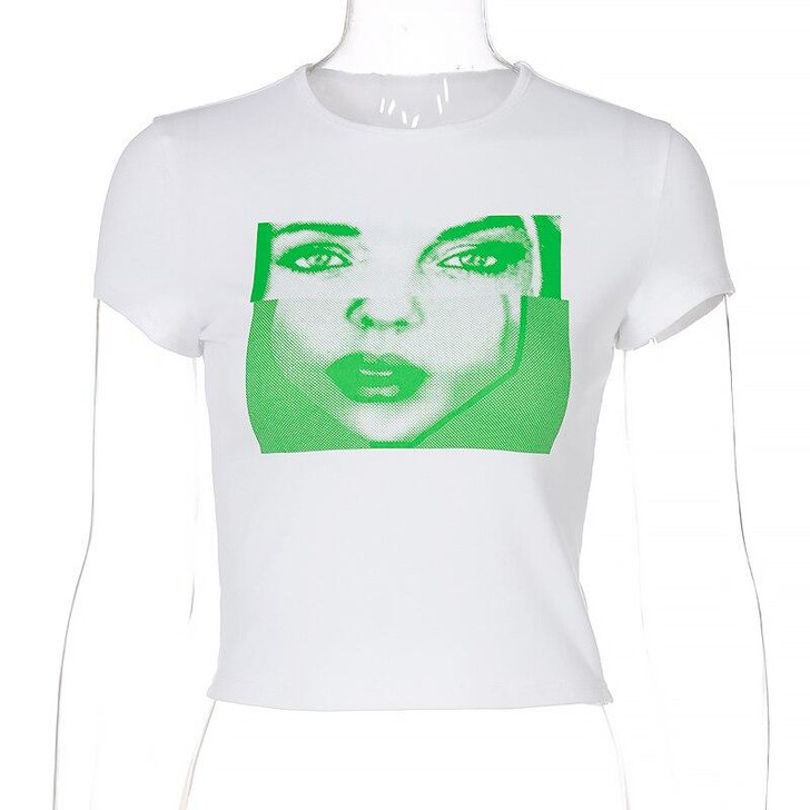 Y2K WOMAN FACE WHITE CROP TOP - Cosmique Studio Y2K WOMAN FACE WHITE CROP TOP - Cosmique Studio