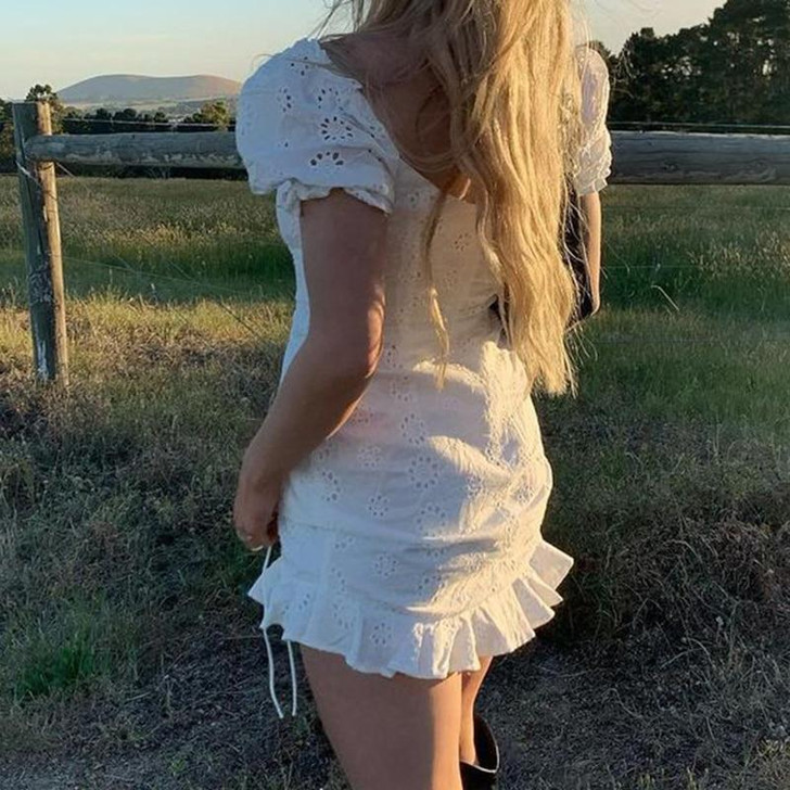 COTTAGECORE AESTHETIC PUFF SLEEVE WHITE MINI DRESS - Cosmique Studio COTTAGECORE AESTHETIC PUFF SLEEVE WHITE MINI DRESS - Cosmique Studio