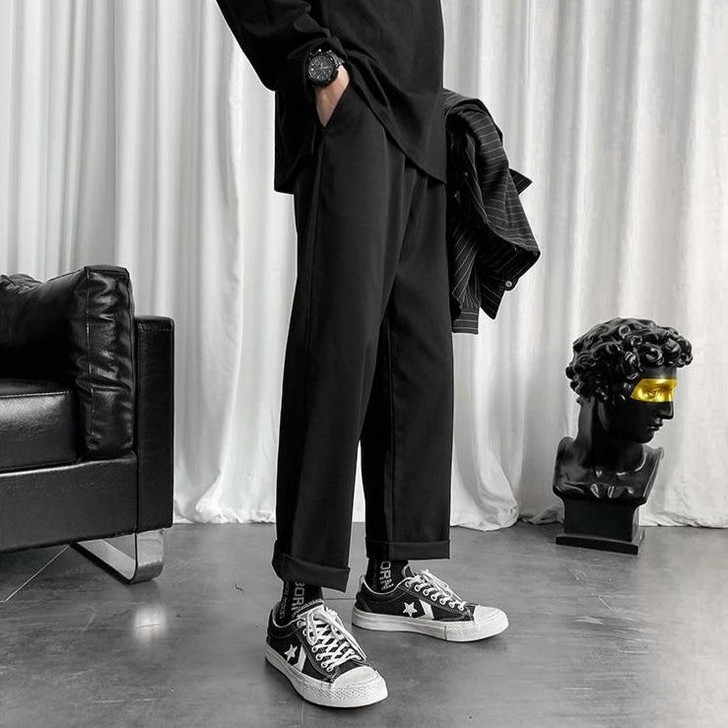 DARK ACADEMIA FLAT BLACK MEN PANTS 