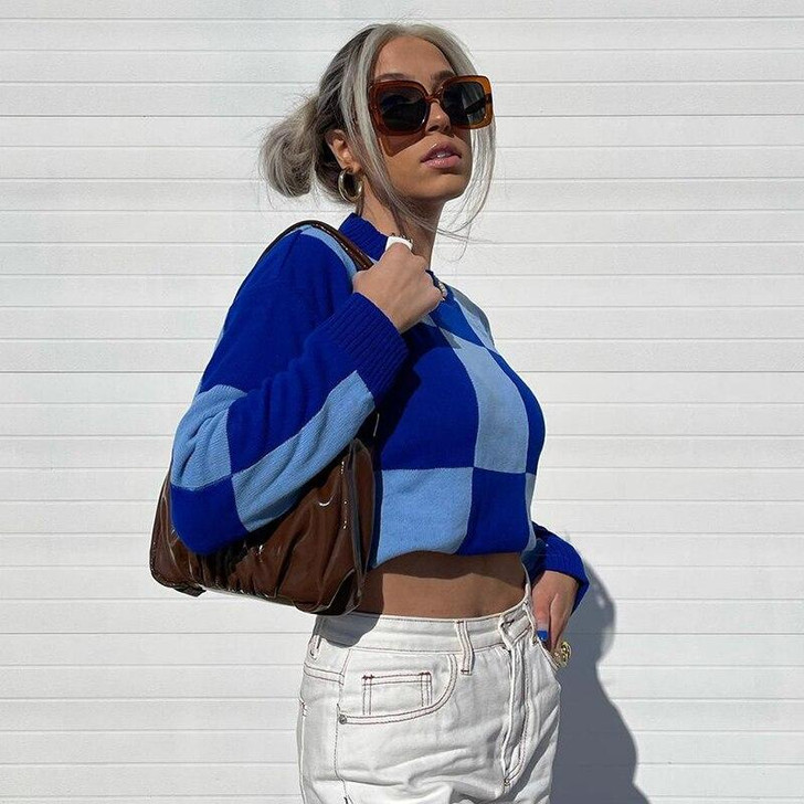 Y2K AESTHETIC KNITTED BIG PLAID SWEATER Y2K AESTHETIC KNITTED BIG PLAID SWEATER