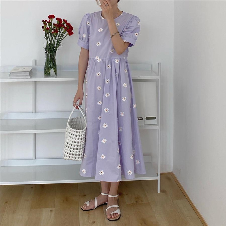 COTTAGECORE AESTHETIC FLOWER PATTERN SHORT SLEEVE MAXI DRESS