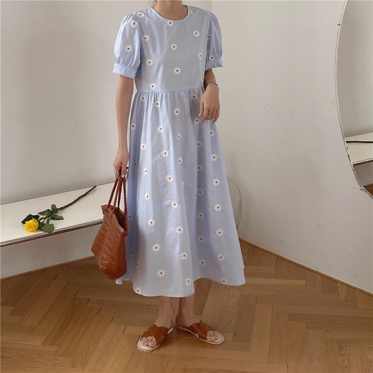 COTTAGECORE AESTHETIC FLOWER PATTERN SHORT SLEEVE MAXI DRESS