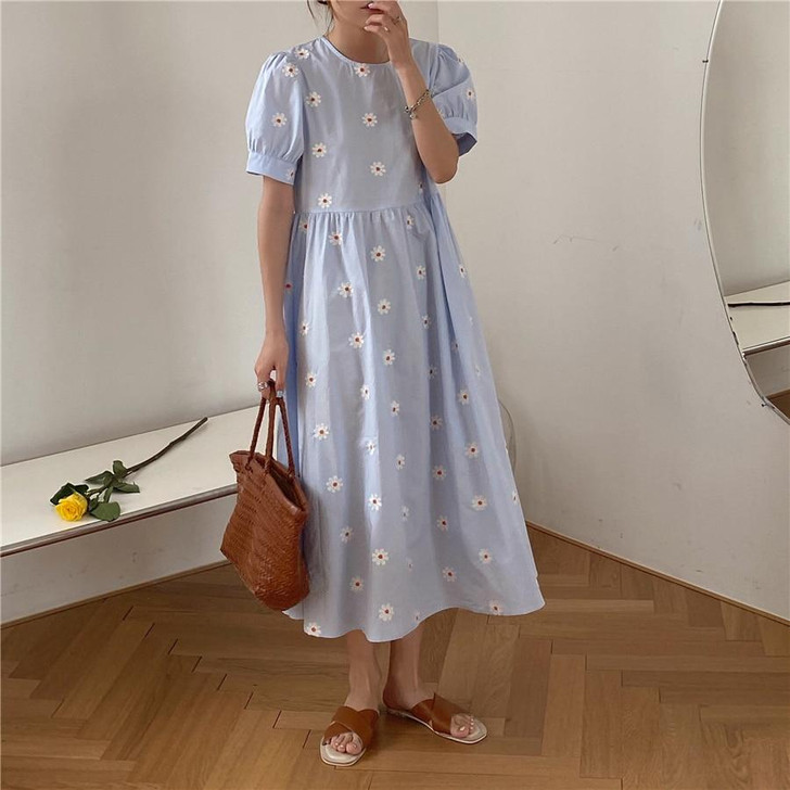COTTAGECORE AESTHETIC FLOWER PATTERN SHORT SLEEVE MAXI DRESS