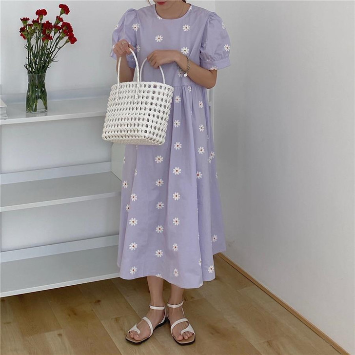 COTTAGECORE AESTHETIC FLOWER PATTERN SHORT SLEEVE MAXI DRESS