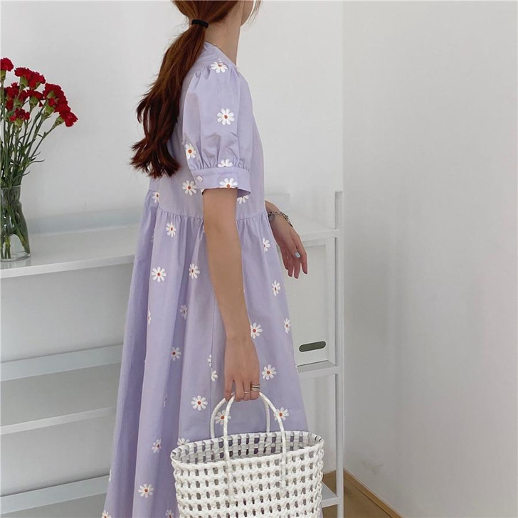 COTTAGECORE AESTHETIC FLOWER PATTERN SHORT SLEEVE MAXI DRESS
