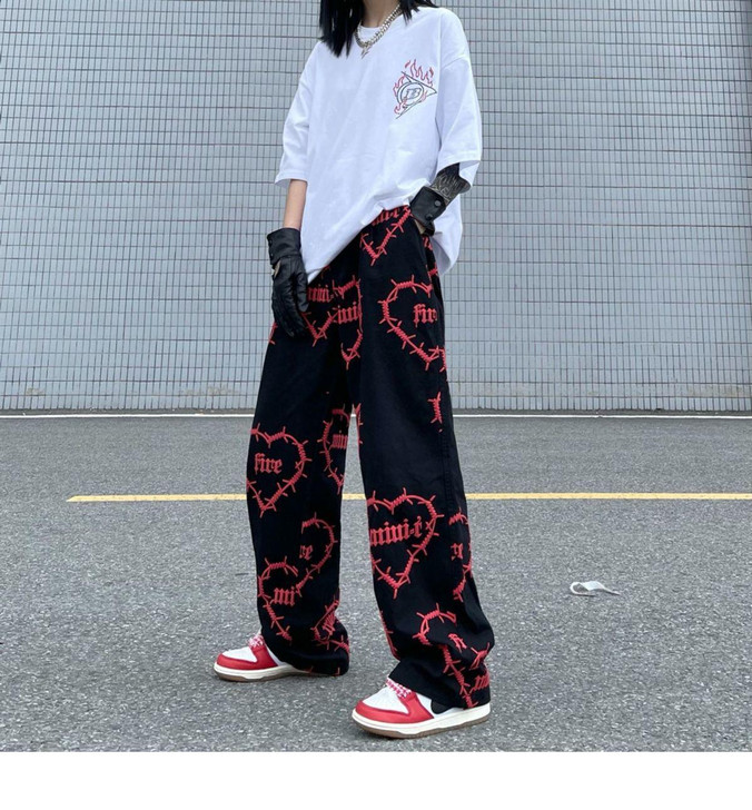 GRUNGE WIDE LEG WIRE NETTING HEART PATTERN PANTS GRUNGE WIDE LEG WIRE NETTING HEART PATTERN PANTS