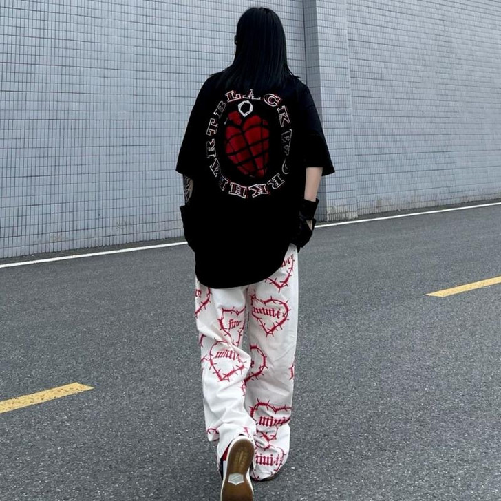 GRUNGE WIDE LEG WIRE NETTING HEART PATTERN PANTS GRUNGE WIDE LEG WIRE NETTING HEART PATTERN PANTS