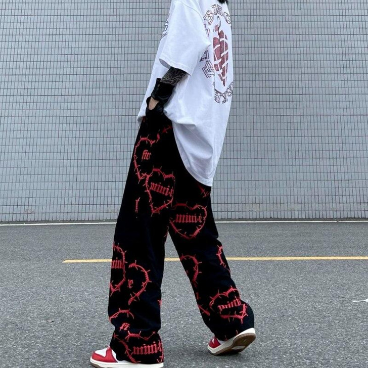 GRUNGE WIDE LEG WIRE NETTING HEART PATTERN PANTS GRUNGE WIDE LEG WIRE NETTING HEART PATTERN PANTS