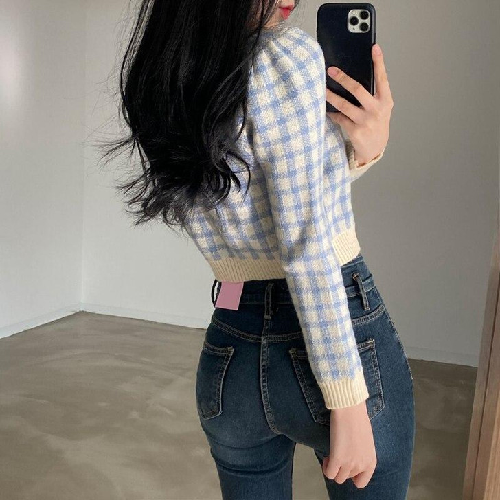 SOFT GIRL AESTHETIC KNITTED PLAID CARDIGAN