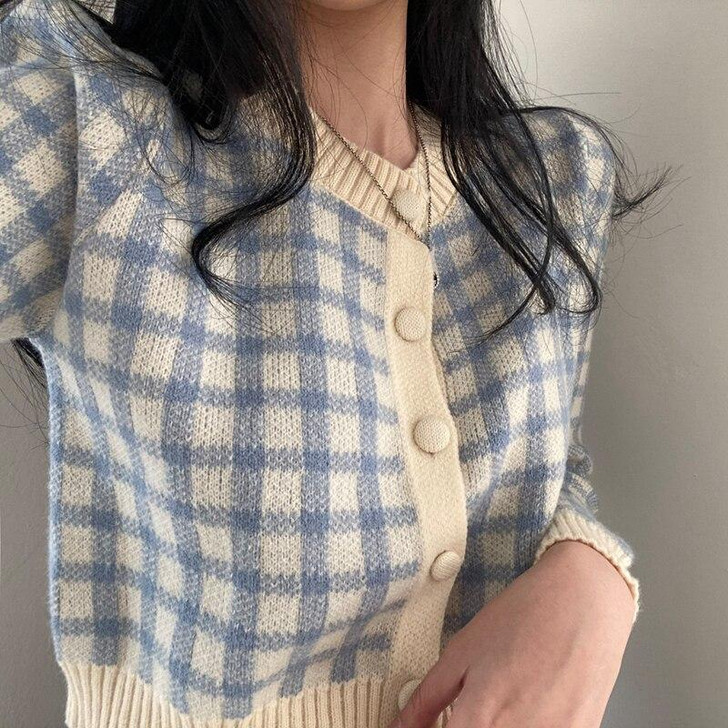 SOFT GIRL AESTHETIC KNITTED PLAID CARDIGAN