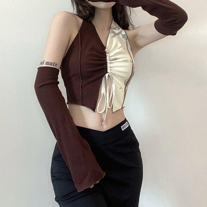 Y2K PATCHWORK SEPARATE SLEEVES BROWN CROP TOP Y2K PATCHWORK SEPARATE SLEEVES BROWN CROP TOP
