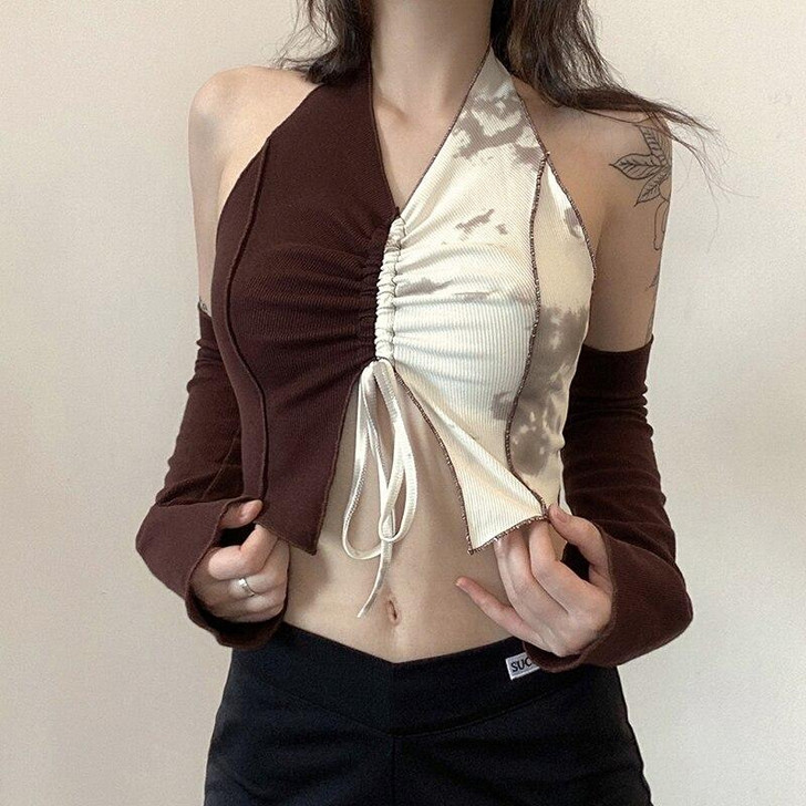 Y2K PATCHWORK SEPARATE SLEEVES BROWN CROP TOP Y2K PATCHWORK SEPARATE SLEEVES BROWN CROP TOP
