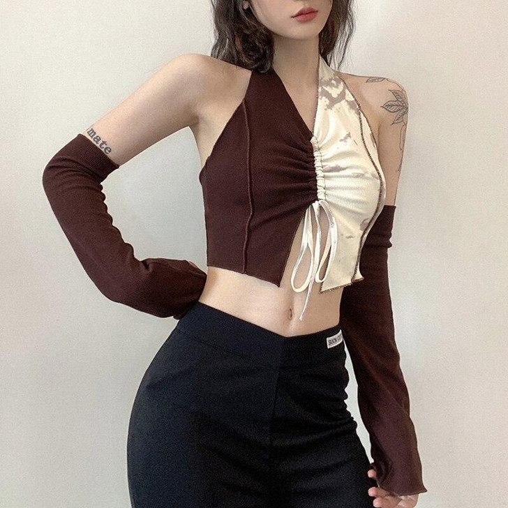 Y2K PATCHWORK SEPARATE SLEEVES BROWN CROP TOP Y2K PATCHWORK SEPARATE SLEEVES BROWN CROP TOP