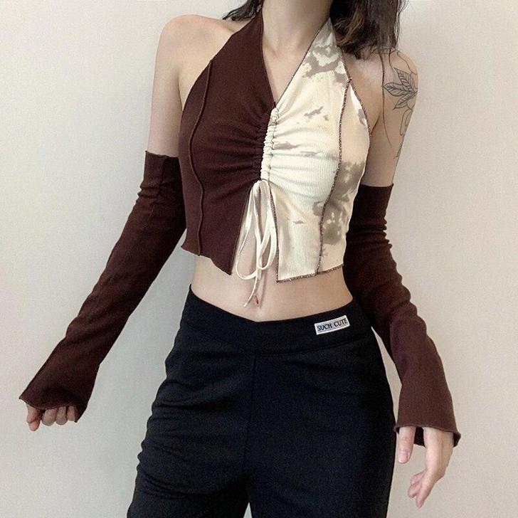 Y2K PATCHWORK SEPARATE SLEEVES BROWN CROP TOP Y2K PATCHWORK SEPARATE SLEEVES BROWN CROP TOP