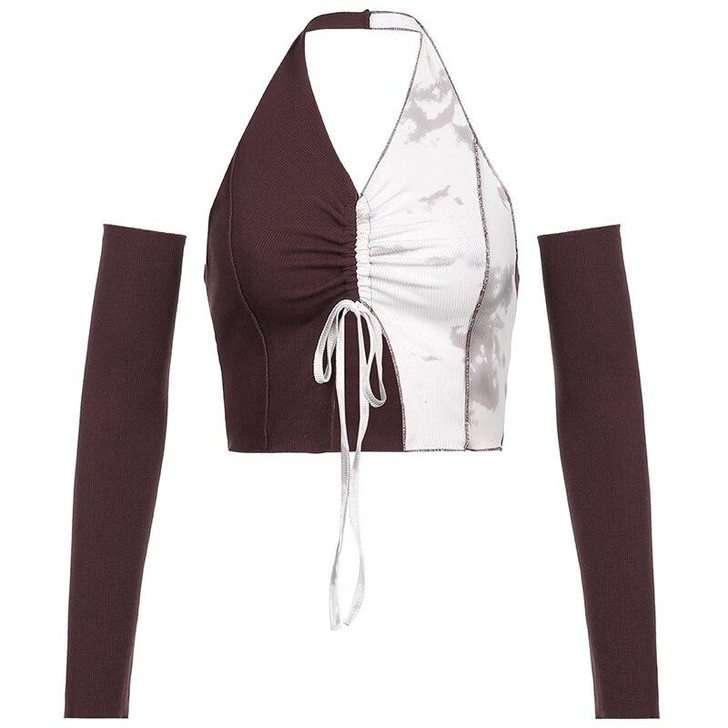 Y2K PATCHWORK SEPARATE SLEEVES BROWN CROP TOP Y2K PATCHWORK SEPARATE SLEEVES BROWN CROP TOP