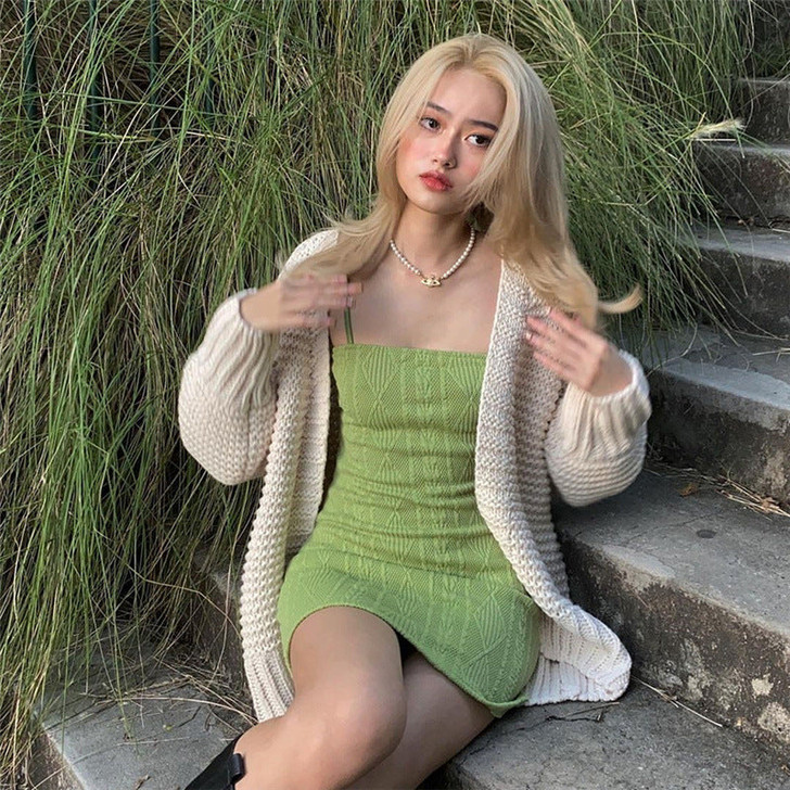 Soft Girl Knitted Spaghetti Strap Mini Dress
