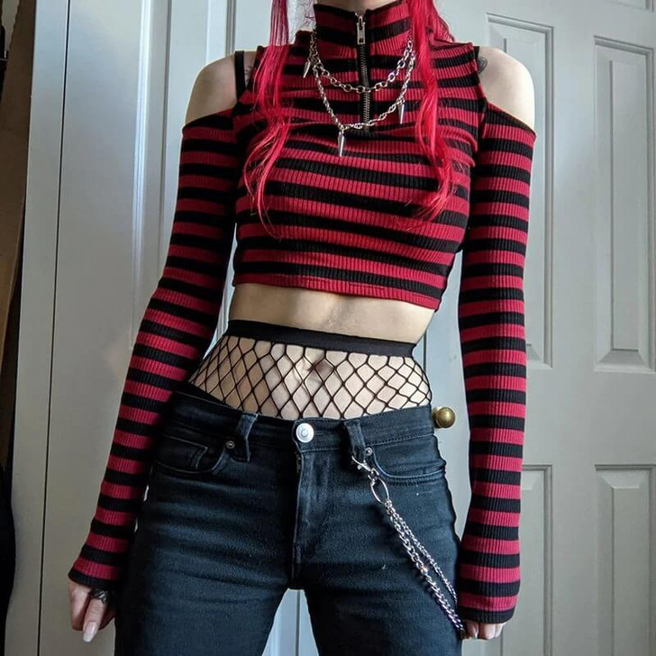 Grunge style red, black striped zipper crop top Grunge style red, black striped zipper crop top