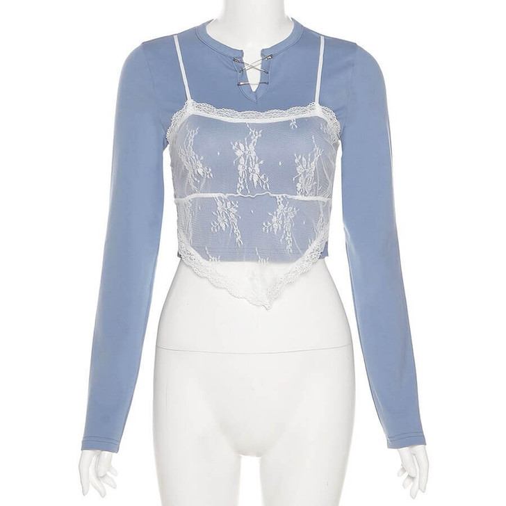 Y2k aesthetic style blue crop top with lace details Y2k aesthetic style blue crop top with lace details