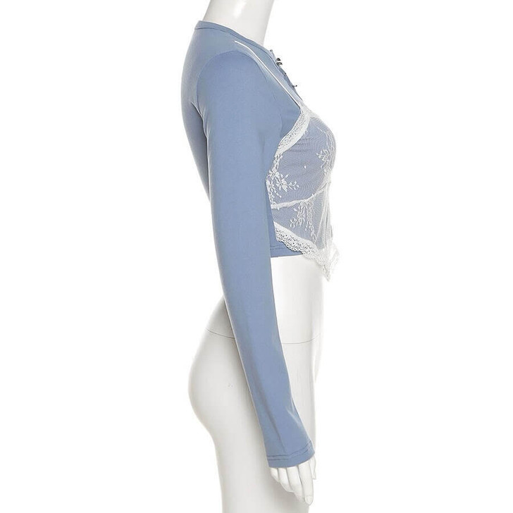 Y2k aesthetic style blue crop top with lace details Y2k aesthetic style blue crop top with lace details