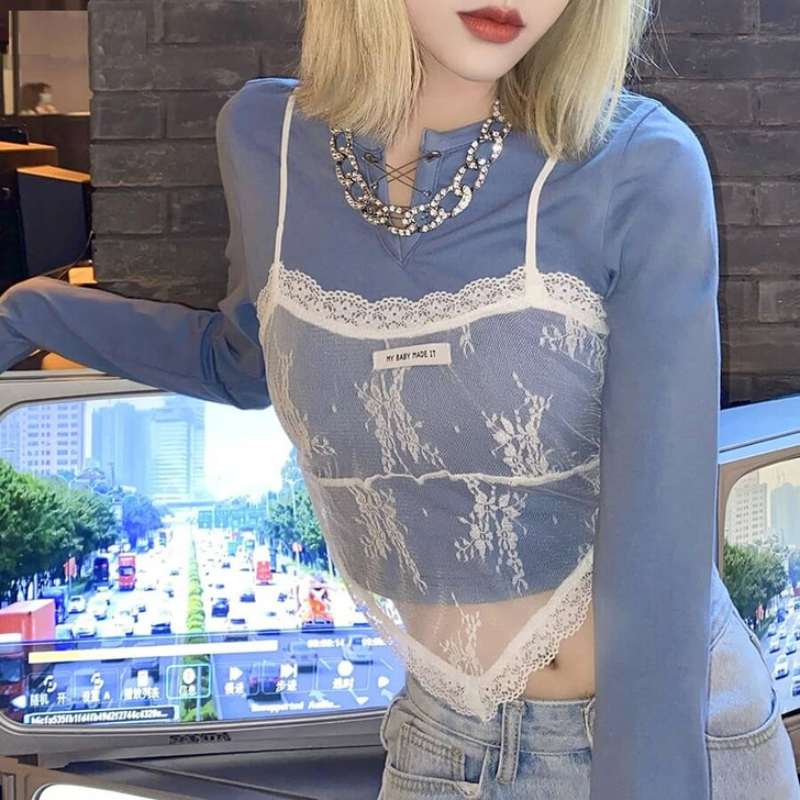 Y2k aesthetic style blue crop top with lace details Y2k aesthetic style blue crop top with lace details