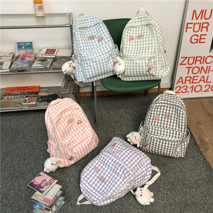 soft aesthetic style plaid, colorful backpack with rabbit toy