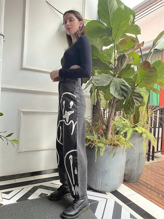 Ghost print loose black denim pants Ghost print loose black denim pants