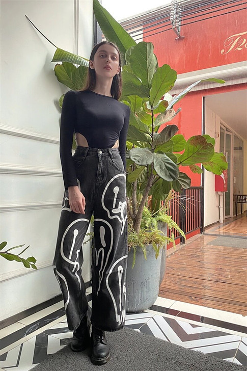 Ghost print loose black denim pants Ghost print loose black denim pants