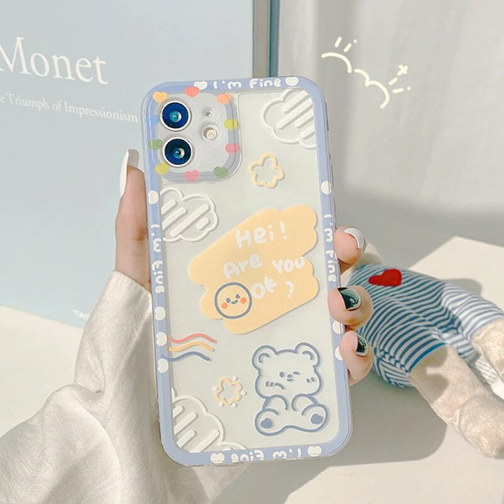 cute kawaii style "hey are you ok?, teddy bear and rainbow" print  iphone case