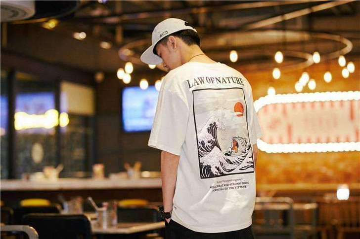 law of nature white tee with an image of a cat drowning in the ocean