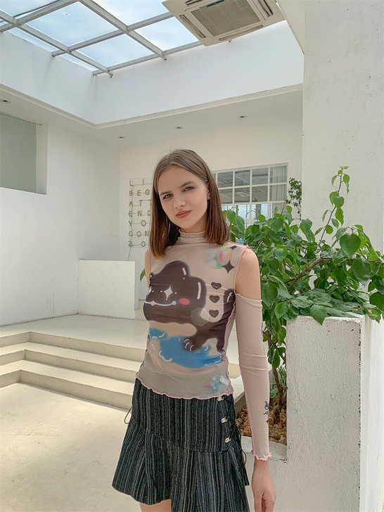 Aesthetic cartoon print off shoulder top