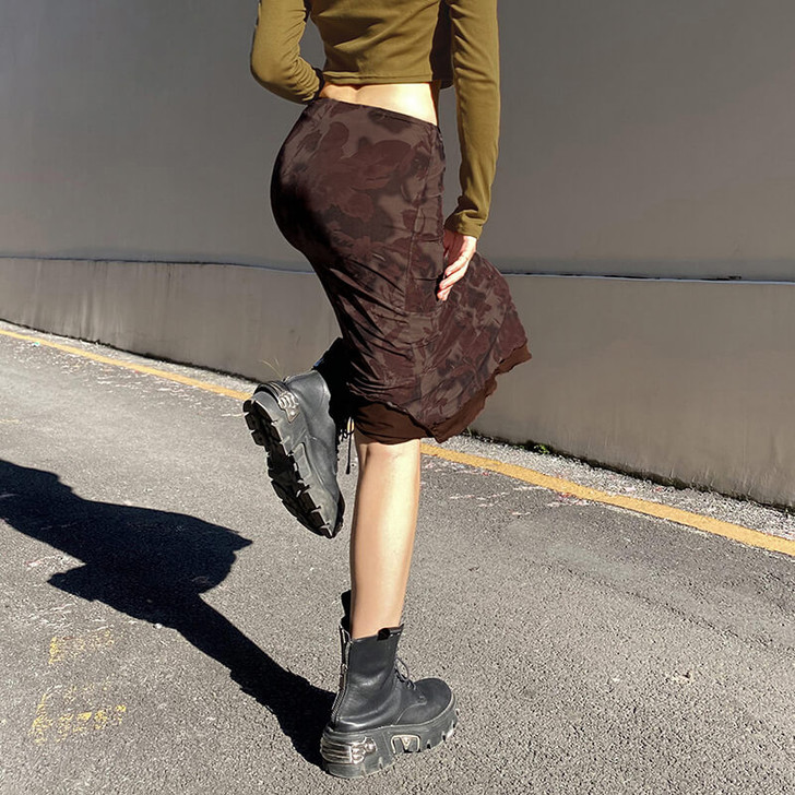 Fairy grunge floral brown midi skirt