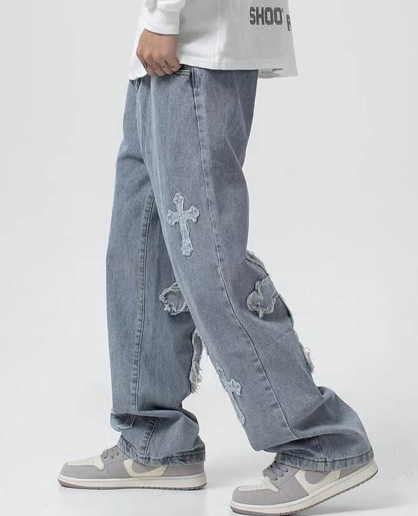 Cross Embroidered Baggy Men Jeans Cross Embroidered Baggy Men Jeans