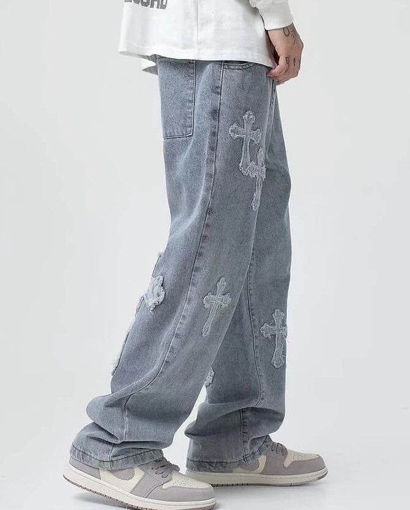 Cross Embroidered Baggy Men Jeans Cross Embroidered Baggy Men Jeans