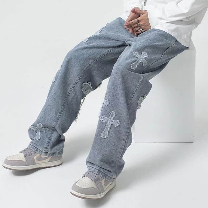 Cross Embroidered Baggy Men Jeans Cross Embroidered Baggy Men Jeans