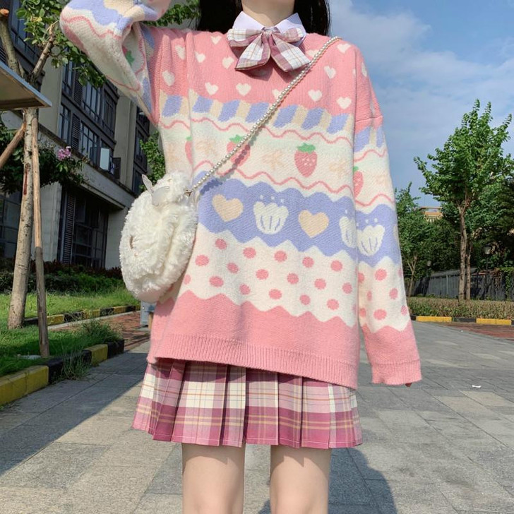 KAWAII CUTE STRAWBERRY SWEATER-Cosmique Studio-Aesthetic-Outfits KAWAII CUTE STRAWBERRY SWEATER-Cosmique Studio-Aesthetic-Outfits