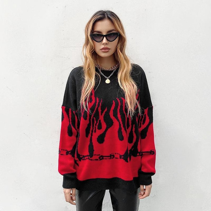 HARAJUKU FIRE STYLE KNITTED SWEATER-Cosmique Studio-aesthetic-clothing-store
